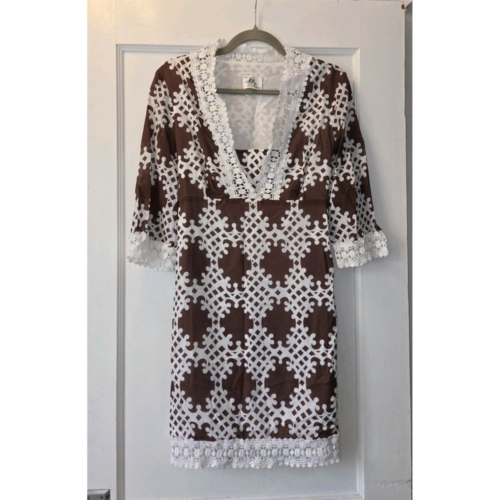 Milly of New York Brown and White Lace-Trim Midi Dress